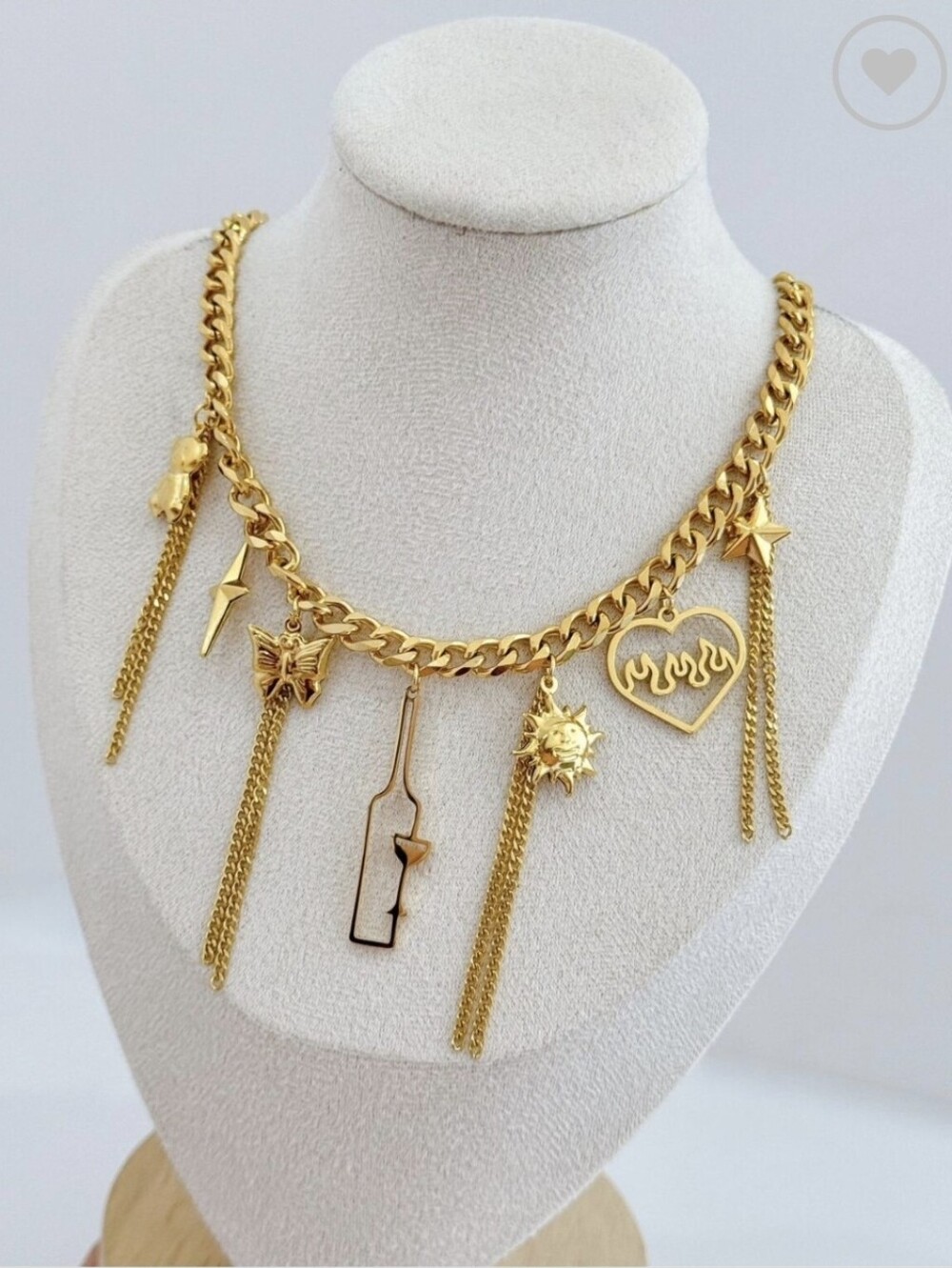 Gold Charm Chain Necklace with Sun, Heart & Bottle Charms STAINLESS STEEL